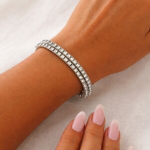 Double Row Bracelet Women's Cubic Zirconia Silver Tone Tennis Beaded Jewel Gift